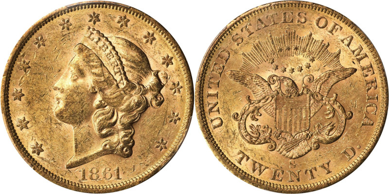 1861-S Liberty Head Double Eagle. AU-58 (PCGS).
Warm honey-gold toned surfaces ...