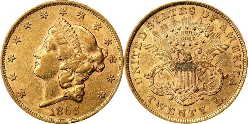 1866 Liberty Head Double Eagle. AU-58 (PCGS).
Warmly patinated honey-gold surfa...