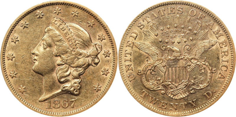 1867 Liberty Head Double Eagle. AU-55 (NGC).
Pinkish-gold color graces the lust...