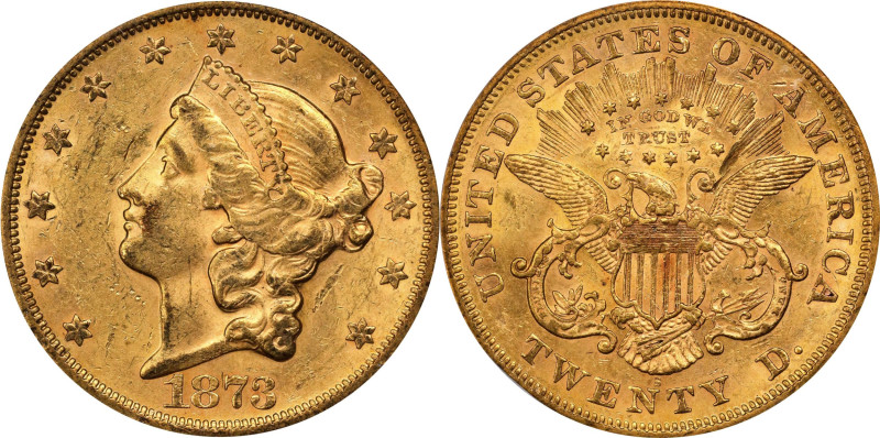 1873-S Liberty Head Double Eagle. Close 3. MS-61 (ICG).
Warm orange and olive t...