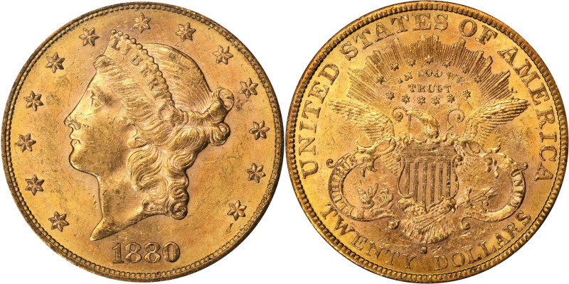 1880-S Liberty Head Double Eagle. MS-61 (PCGS).
A smartly impressed, vivid gold...