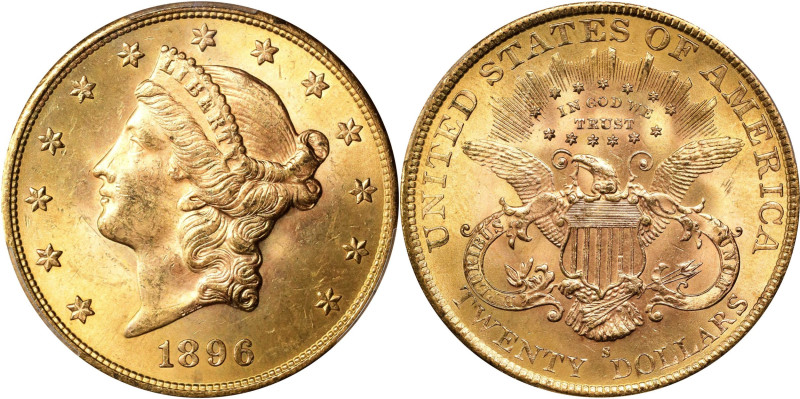 1896-S Liberty Head Double Eagle. MS-64+ (PCGS).
A very challenging Type 3 doub...