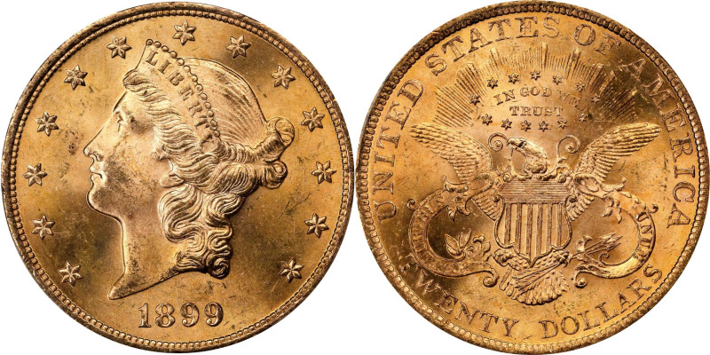 1899 Liberty Head Double Eagle. MS-64+ (PCGS). CAC.
This fully struck, highly l...