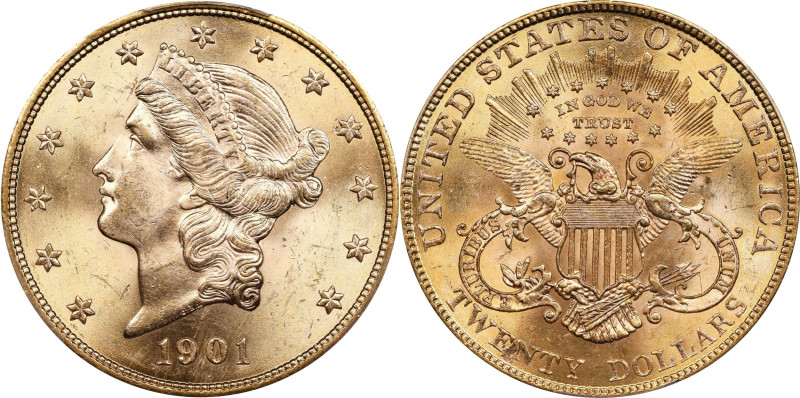 1901 Liberty Head Double Eagle. MS-65 (PCGS). CAC.
Gorgeous golden-tan surfaces...