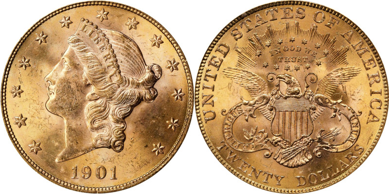 1901 Liberty Head Double Eagle. MS-65 (ICG).
A vibrantly lustrous example in Ge...