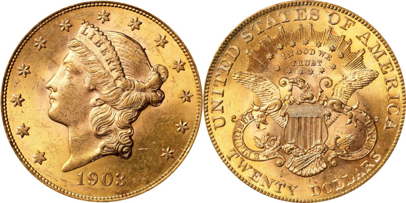 1903 Liberty Head Double Eagle. MS-65 (ICG).
Brilliant yellow gold luster glows...