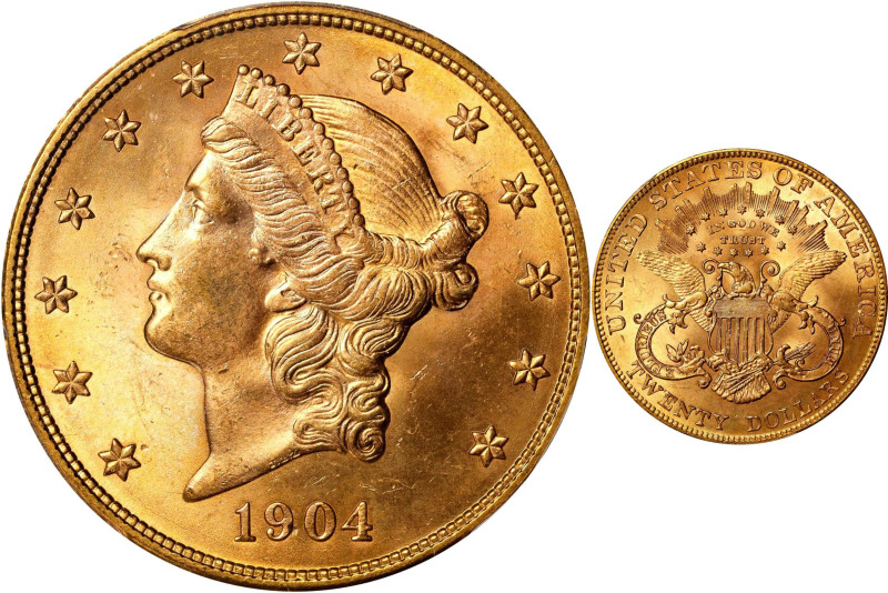 1904 Liberty Head Double Eagle. MS-65+ (PCGS).
Billowy satin luster mingles wit...