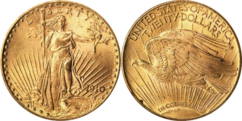 1910 Saint-Gaudens Double Eagle. MS-65 (NGC).
A beautiful 1910 Saint boasting u...