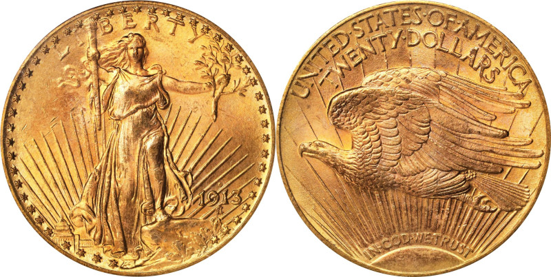 1913-D Saint-Gaudens Double Eagle. MS-65 (PCGS).
Smooth satin surfaces are enha...