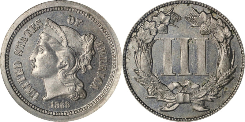 1868 Pattern Nickel Three-Cent Piece. Judd-615, Pollock-680. Rarity-5. Nickel. P...