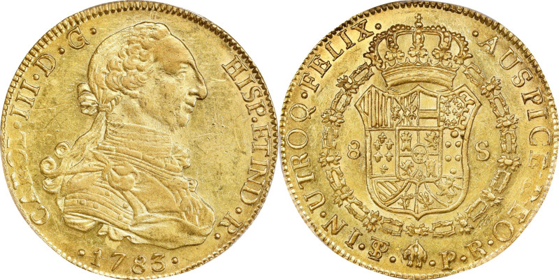 BOLIVIA. 8 Escudos, 1783-PTS PR. Potosi Mint. Charles III. PCGS MS-61.
Fr-1; KM...