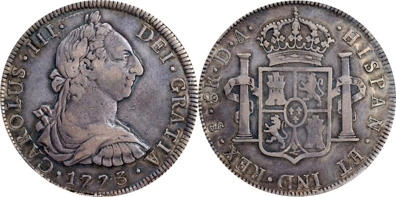 Of the Highest Rarity
CHILE. 8 Reales, 1773-So DA. Santiago Mint. Charles III. ...