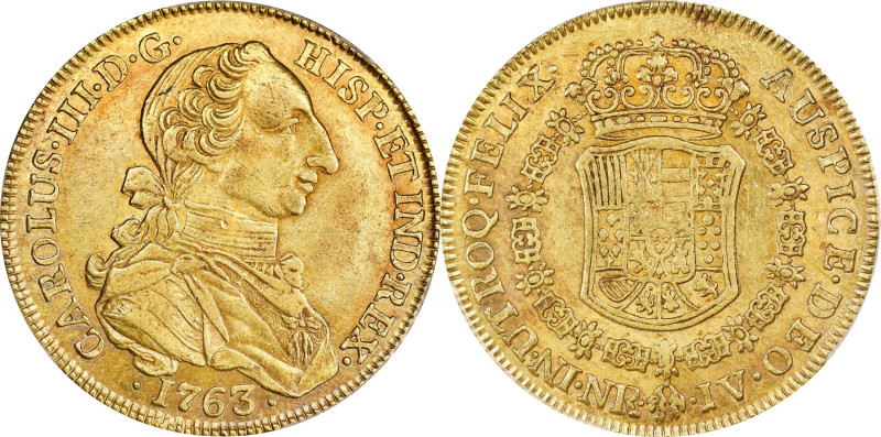 COLOMBIA. 8 Escudos, 1763-NR JV. Bogota Mint. Charles III. PCGS AU-55.
Fr-31; K...