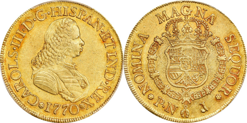 COLOMBIA. 8 Escudos, 1770-PN J. Popayan Mint. Charles III. PCGS AU-55.
Fr-24; K...