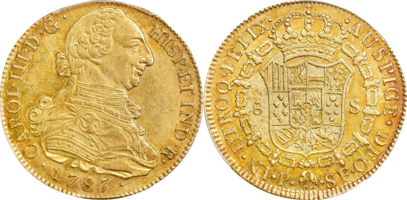 COLOMBIA. 8 Escudos, 1787-P SF (8/8). Popayan Mint. Charles III. PCGS AU-55.
Fr...