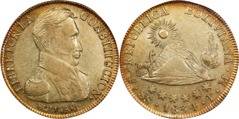 BOLIVIA. 8 Scudos, 1834-PTS LM. Potosi Mint. PCGS AU-55.
Fr-21; KM-99; Onza-158...