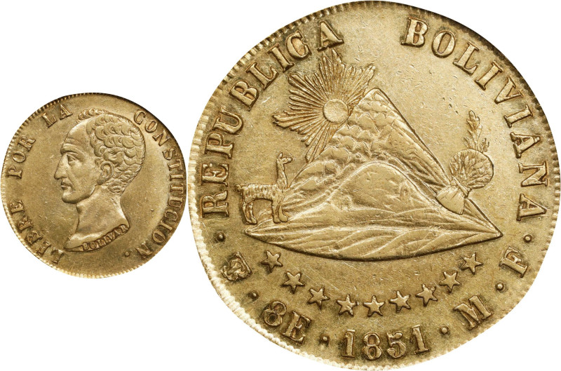 Very Rare and Desirable One-Year Type
BOLIVIA. 8 Scudos, 1851-PTS MF. Potosi Mi...