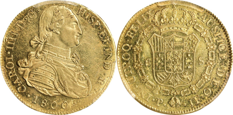 COLOMBIA. 8 Escudos, 1800-P JF. Popayan Mint. Charles IV. PCGS AU-58.
Fr-52; KM...