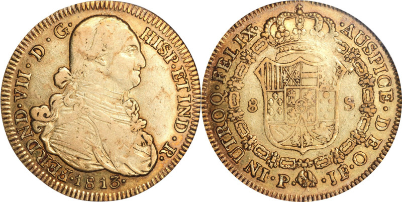 COLOMBIA. 8 Escudos, 1813-P JF. Popayan Mint. Ferdinand VII. PCGS EF-45.
Fr-61;...