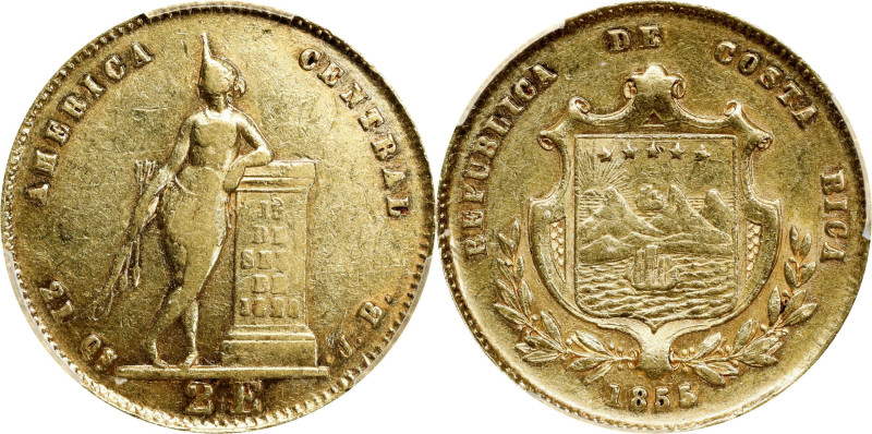 COSTA RICA. 2 Escudos, 1855-JB. San Jose Mint. PCGS AU-55.
Fr-8; KM-99. Some mi...