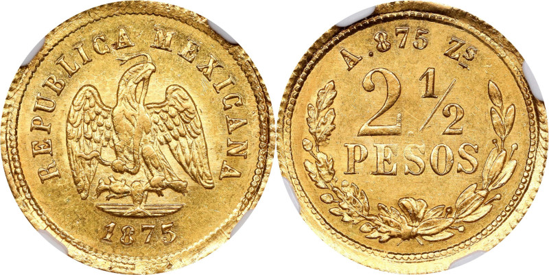 MEXICO. 2-1/2 Pesos, 1875/3-Zs A. Zacatecas Mint. NGC MS-63.
Fr-156; KM-411.6. ...