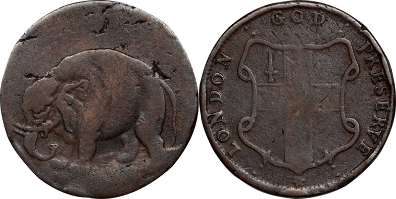 Undated (ca. 1694) London Elephant Token. Hodder 2-B, W-12040. Rarity-2. GOD PRE...