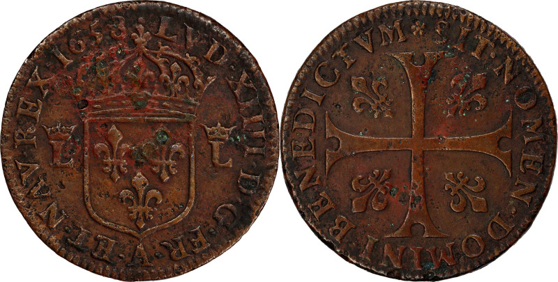 Unpublished 1658 Milled Douzain in Copper
Apparently Unique
1658-A Sol, or 12 ...