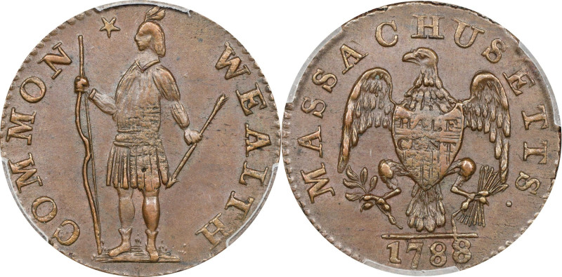 1788 Massachusetts Half Cent. Ryder 1-B, W-6010. Rarity-2. MS-63 BN (PCGS).
76....