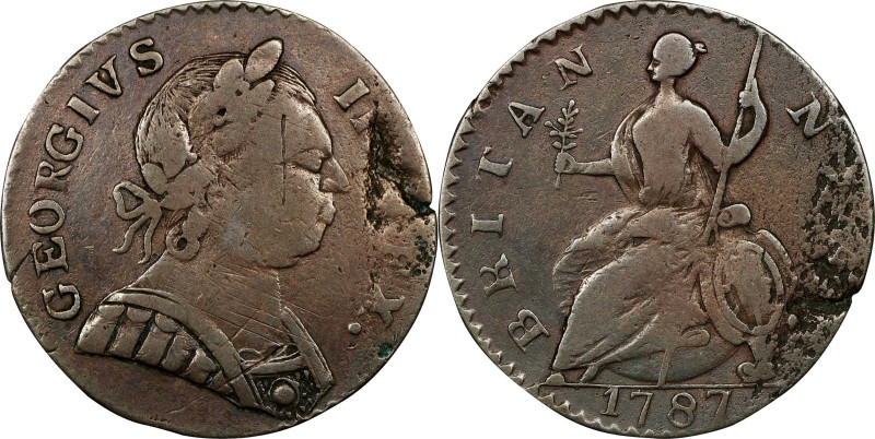 1787 Machin's Mills Halfpenny. Vlack 20-87C, W-7950. Rarity-6. GEORGIVS III, Gro...