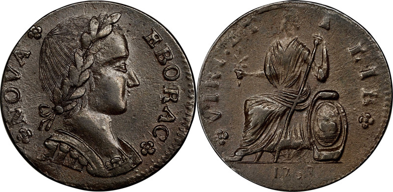 1787 Nova Eborac Copper. W-5755. Rarity-3. Medium Bust, Seated Figure Left. MS-6...