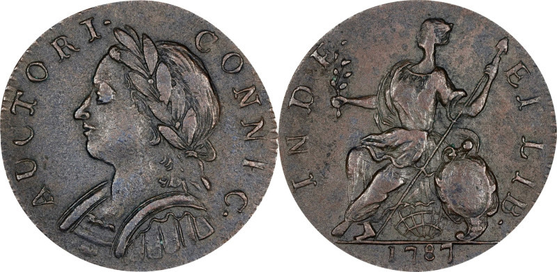 1787 Connecticut Copper. Miller 4-L, W-2810. Rarity-1. Mailed Bust Left, Horned ...