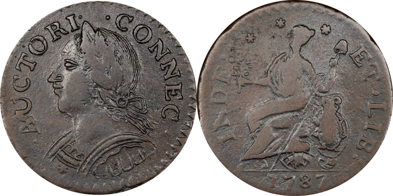 1787 Connecticut Copper. Miller 6.1-M, W-2820. Rarity-1. Mailed Bust Left, Laugh...