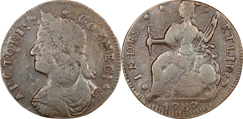 1787 Connecticut Copper. Miller 33.17-gg.2, W-3635. Rarity-5. Draped Bust Left, ...