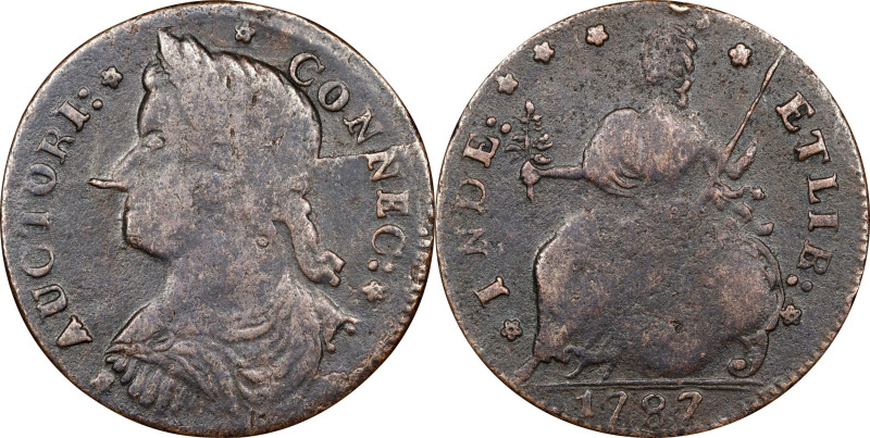 1787 Connecticut Copper. Miller 33.28-Z.16, W-3770. Rarity-4+. Draped Bust Left,...