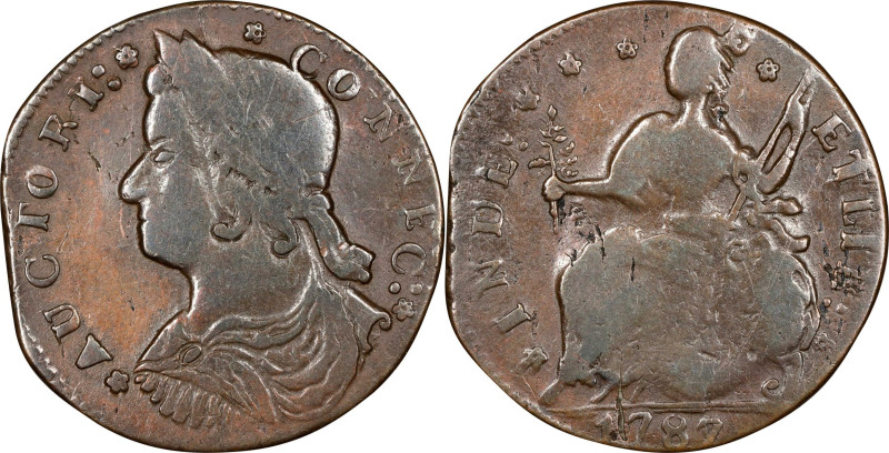 1787 Connecticut Copper. Miller 33.34-Z.11, W-3860. Rarity-5-. Draped Bust Left....