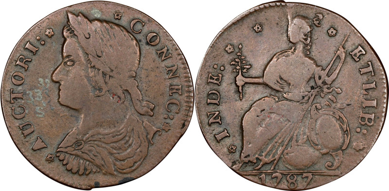 1787 Connecticut Copper. Miller 33.39-s.1, W-3960. Rarity-2. Draped Bust Left. V...