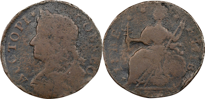 1787 Connecticut Copper. Miller 40-kk.1, W-4230. Rarity-6. Draped Bust Left, AUC...