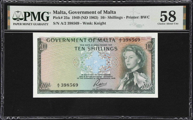 MALTA. Government of Malta. 10 Shillings, 1949 (ND 1963). P-25a. PMG Choice Abou...