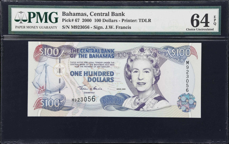 BAHAMAS. Central Bank of the Bahamas. 100 Dollars, 2000. P-67. PMG Choice Uncirc...