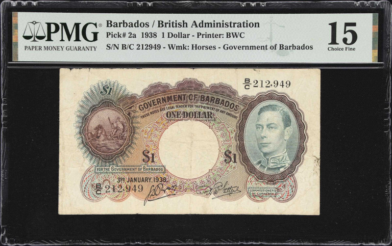 BARBADOS. Government of Barbados. 1 Dollar, 3.1.1938. P-2a. PMG Choice Fine 15....