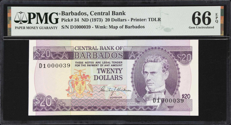 BARBADOS. Central Bank of Barbados. 20 Dollars, ND (1973). P-34. Low Serial Numb...