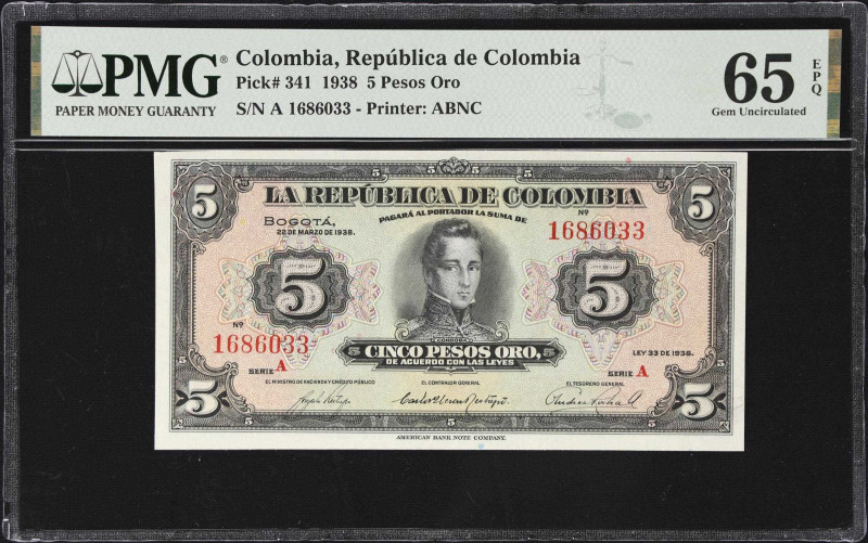 COLOMBIA. Republica de Colombia. 5 Pesos, 22.3.1938. P-341. PMG Gem Uncirculated...