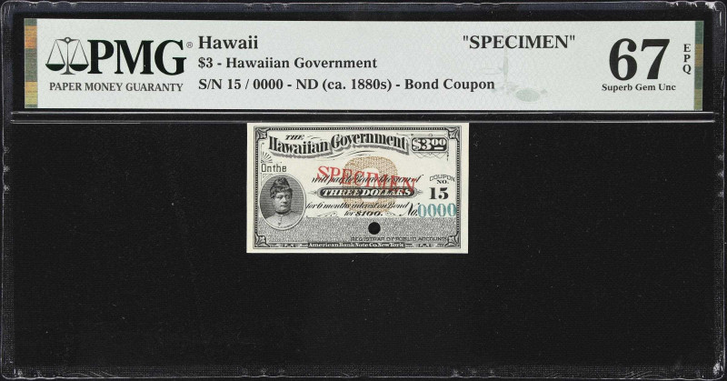 HAWAII. Hawaiian Government. 3 Dollars, ND (ca. 1880s). P-Unlisted. Specimen. PM...