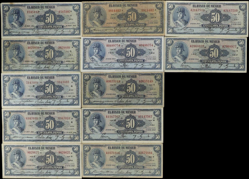 MEXICO. Lot of (12). Banco de Mexico S.A. 50 Pesos, 1941-45. P-41.
Series O thr...