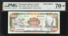 NICARAGUA. Banco Central de Nicaragua. 500 Cordobas, 1991. P-178As. PMG Perfect Seventy Uncirculated 70 EPQ*.
Finest graded example on the PMG popula...