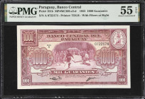 PARAGUAY. Banco Central Del Paraguay. 1000 Guaranies, 25.3.1952. P-191b. MP#MC209.c2. PMG About Uncirculated 55 EPQ.
Printed by TDLR. With fibers at ...