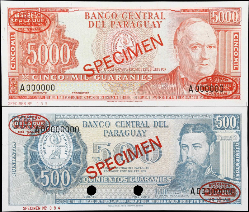 PARAGUAY. Lot of (2). Banco Central del Paraguay. 500 & 5000 Guaranies, 1952. P-...