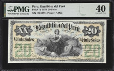 PERU. Republica del Peru. 20 Soles, 4.2.1879. P-7a. PMG Extremely Fine 40.

Estimate: $100.00- $200.00