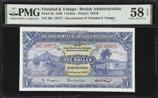 TRINIDAD & TOBAGO. Government of Trinidad and Tobago. 1 Dollar, 2.1.1939. P-5b. PMG Choice About Uncirculated 58 EPQ.
Printed by TDLR. Blue, sailing ...