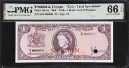 TRINIDAD & TOBAGO. Central Bank of Trinidad and Tobago. 1 Dollar, 1964. P-26ccts. Color Trial Specimen. PMG Gem Uncirculated 66 EPQ.
Gem color trial ...